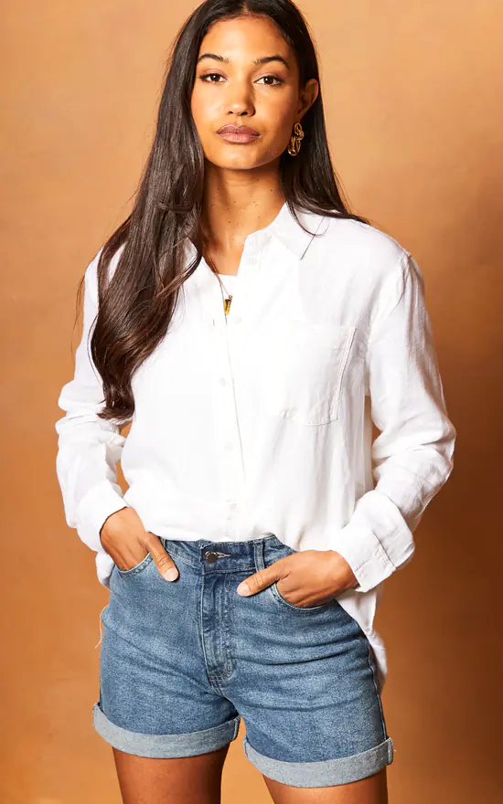 ONLY Long Sleeve Linen Shirt In White - Image 3