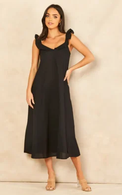 ONLY Frill Strap Midi Dress In Black