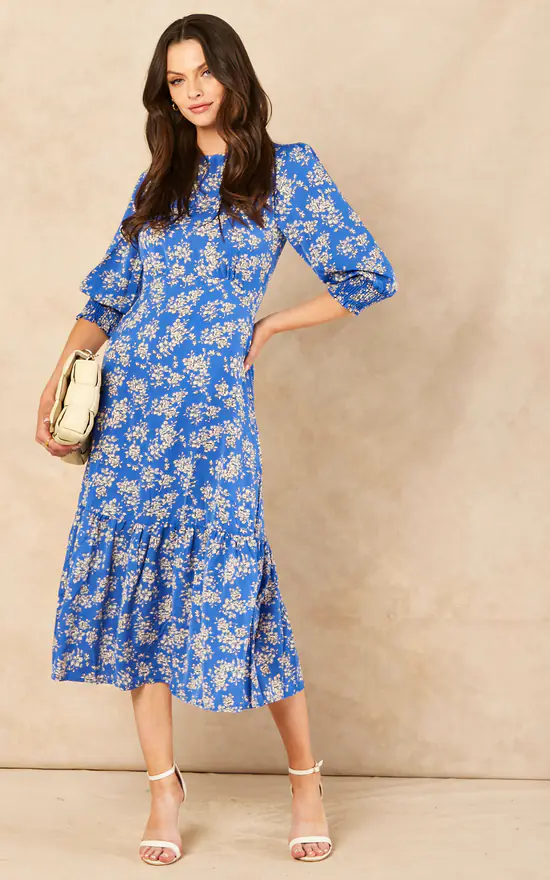 Tiered Floral Midi Dress In Blue - Image 2