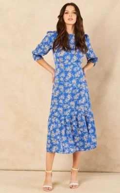 Tiered Floral Midi Dress In Blue