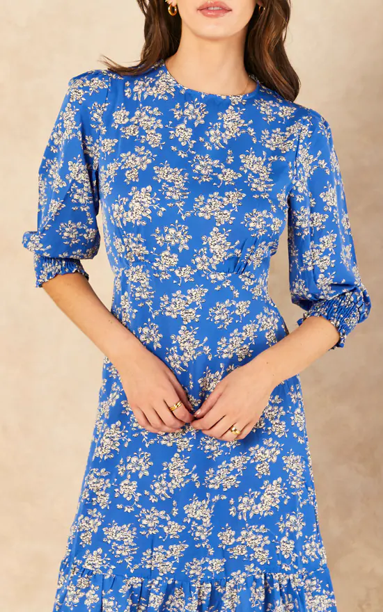 Tiered Floral Midi Dress In Blue - Image 3