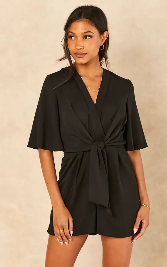 Kimono Knot Top Playsuit In Black