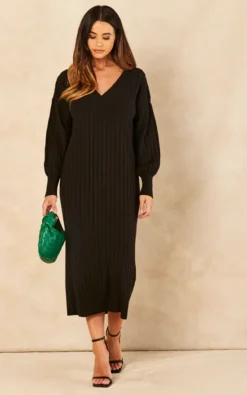 ONLY Long Sleeve V Neck Knitted Midi Dress In Black