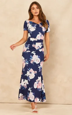 Bardot Off Shoulder Maxi Print Dress Navy