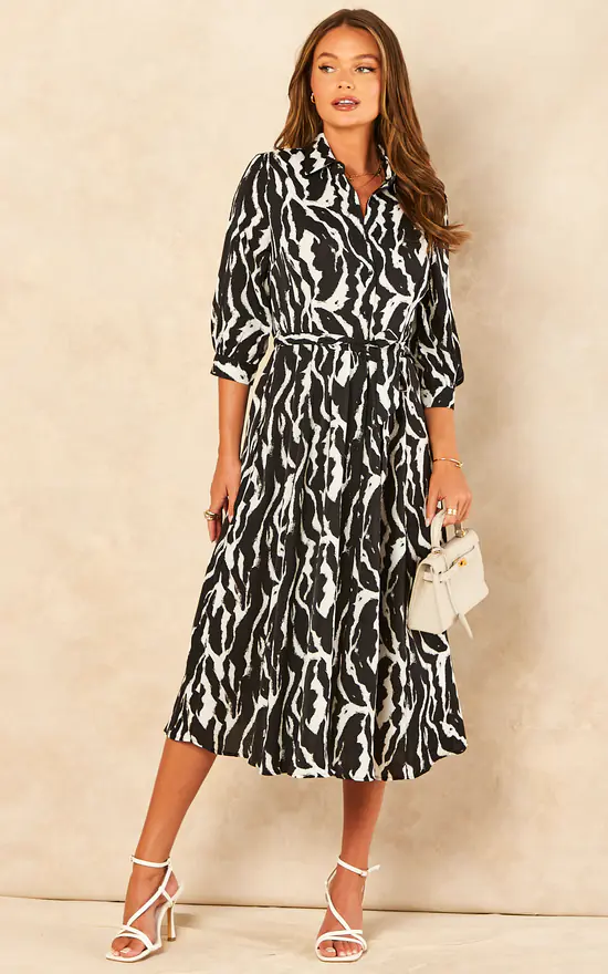 Black Zebra Printed Half Sleeve Midi Shirt Dress - Image 2
