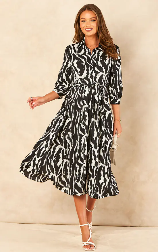 Black Zebra Printed Half Sleeve Midi Shirt Dress