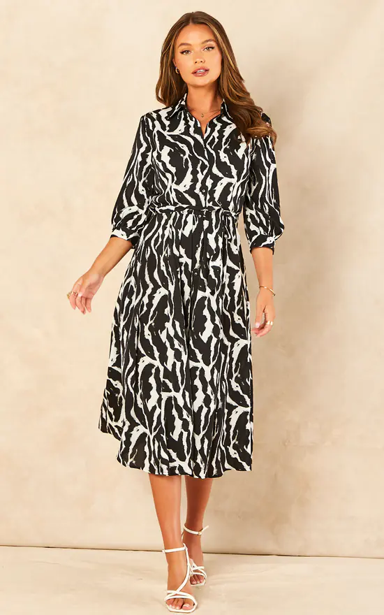 Black Zebra Printed Half Sleeve Midi Shirt Dress - Image 3
