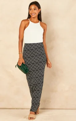 Black Print Pencil Maxi Skirt