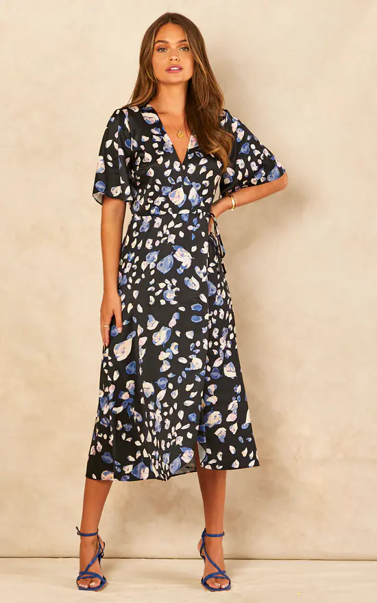Navy Petal Print Satin Midi Wrap Dress - Image 2