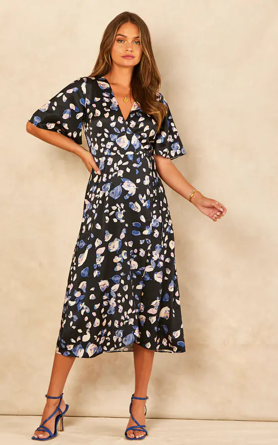Navy Petal Print Satin Midi Wrap Dress - Image 3