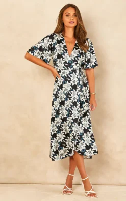 Black And White Lily Print Satin Midi Wrap Dress