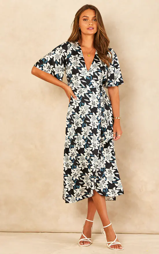 Black And White Lily Print Satin Midi Wrap Dress