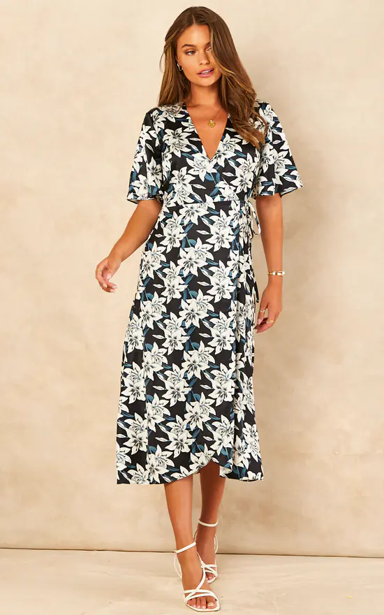 Black And White Lily Print Satin Midi Wrap Dress - Image 2