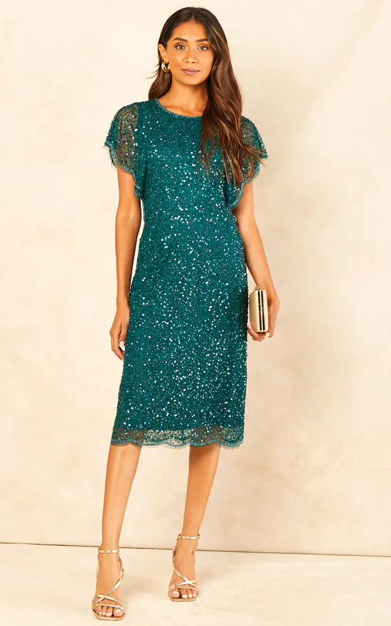 Sequin Flutter Sleeve Midi Dress In Green