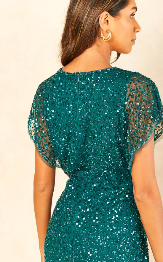 Sequin Flutter Sleeve Midi Dress In Green - Image 4