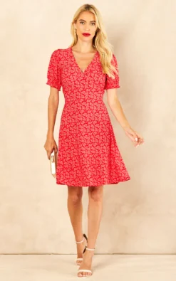 Lydia Shirring Cuff Sleeve Tea Dress In Red Floral Print