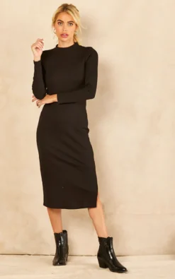 Vila Long Sleeve Ribbed Midi Dress In Black