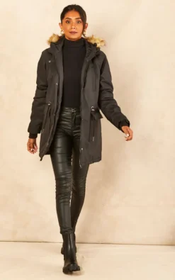 Noisy May Hooded Fur Parka In Black