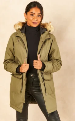 Noisy May Khaki Parka Coat With Fur Hood