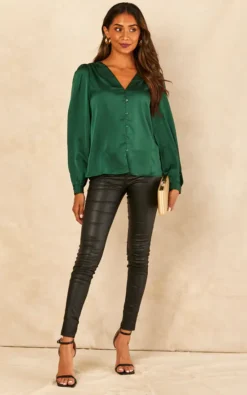 Vila Long Sleeve Satin V Neck Blouse In Forest Green