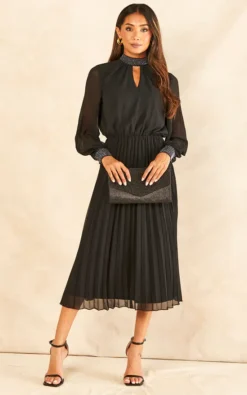 Diamante Collar Pleated Skirt Midi Dress