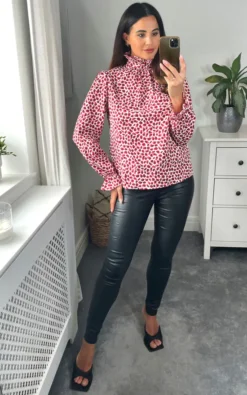 Leopard Print Top With Frilled High Neck And Long Sleeves In Burgundy