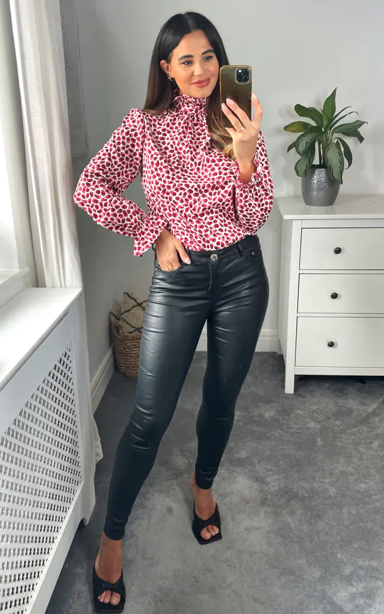 Leopard Print Top With Frilled High Neck And Long Sleeves In Burgundy - Image 3