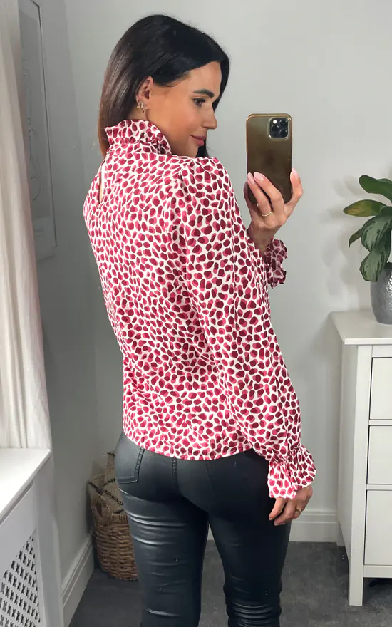 Leopard Print Top With Frilled High Neck And Long Sleeves In Burgundy - Image 4