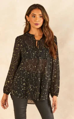 Constellation Print Long Sleeve Blouse Womens Top In Black And Gold