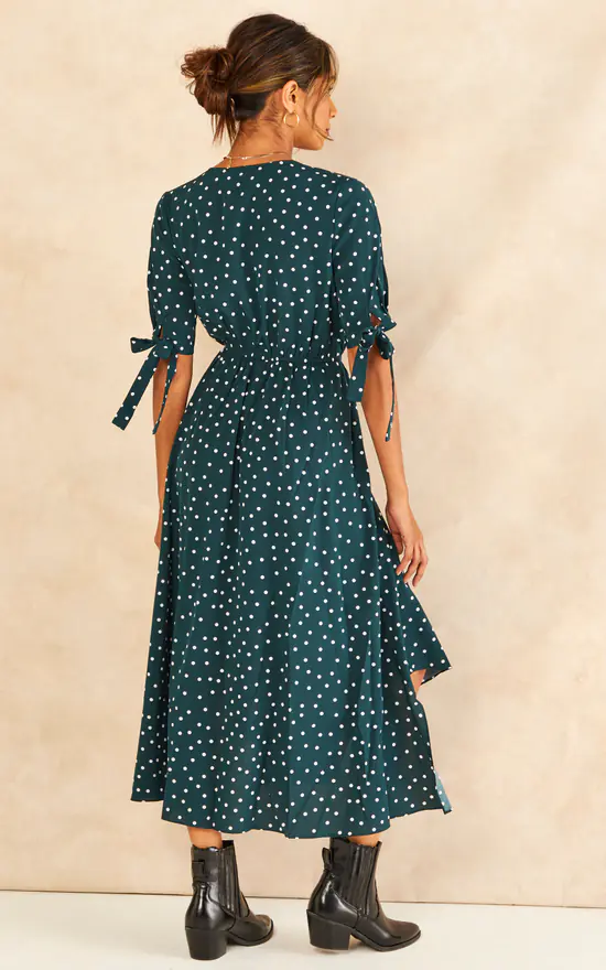 Tie Sleeve Polka Dot Midi Dress In Dark Green - Image 4