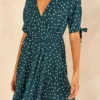 Tie Sleeve Polka Dot Midi Dress In Dark Green