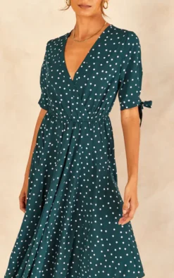 Tie Sleeve Polka Dot Midi Dress In Dark Green