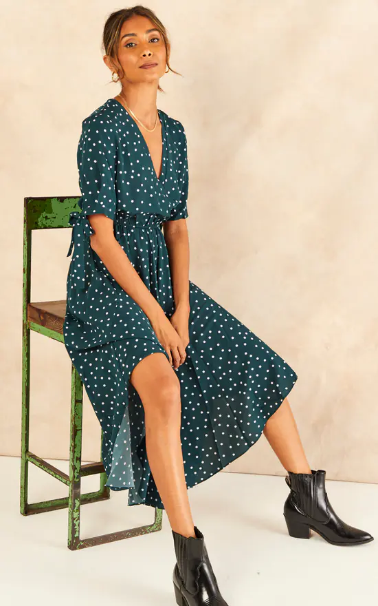 Tie Sleeve Polka Dot Midi Dress In Dark Green - Image 3
