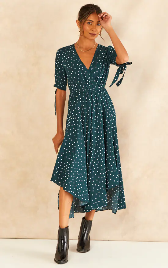 Tie Sleeve Polka Dot Midi Dress In Dark Green - Image 2