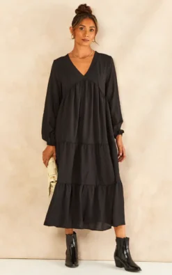 Oversized V Neck Midi Smock Long Sleeve Black Dress