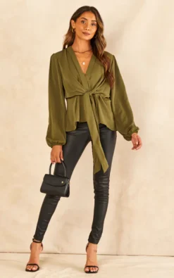 Long Sleeve Wrap Knot Top In Khaki