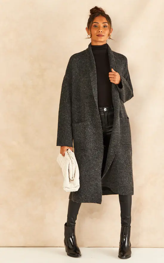 Long Sleeve Knitted Coatigan In Dark Grey