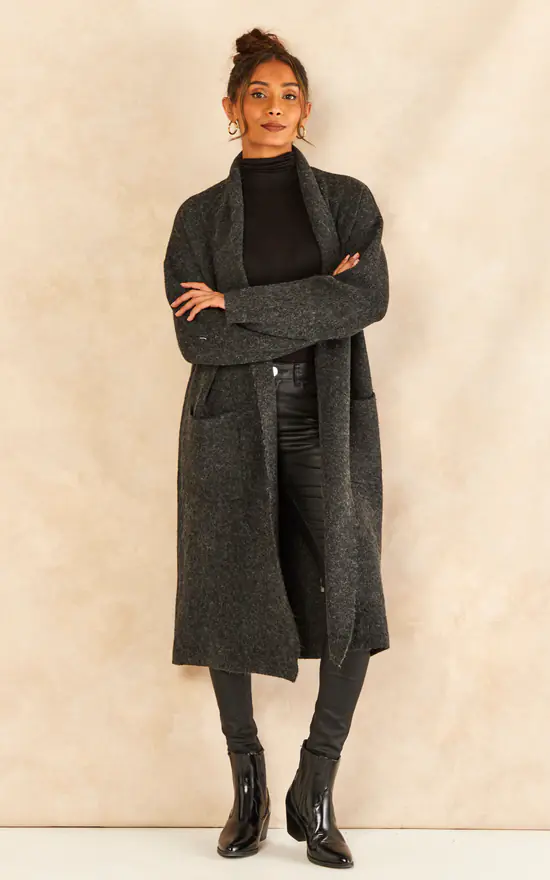 Long Sleeve Knitted Coatigan In Dark Grey - Image 3