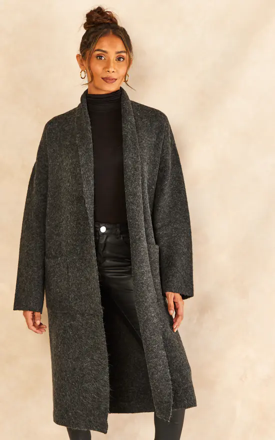 Long Sleeve Knitted Coatigan In Dark Grey - Image 2