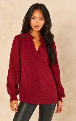 Burgundy Dobby Chiffon Long Sleeve Blouse