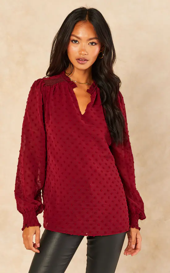 Burgundy Dobby Chiffon Long Sleeve Blouse