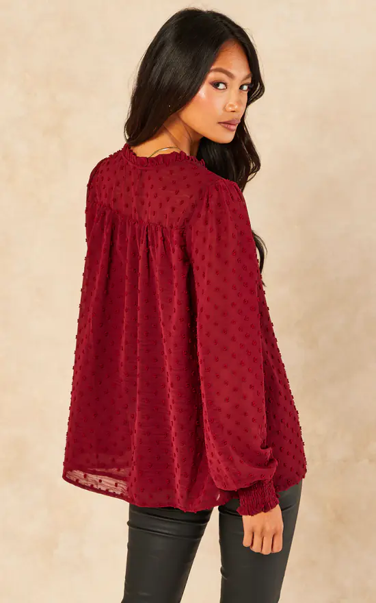Burgundy Dobby Chiffon Long Sleeve Blouse - Image 4