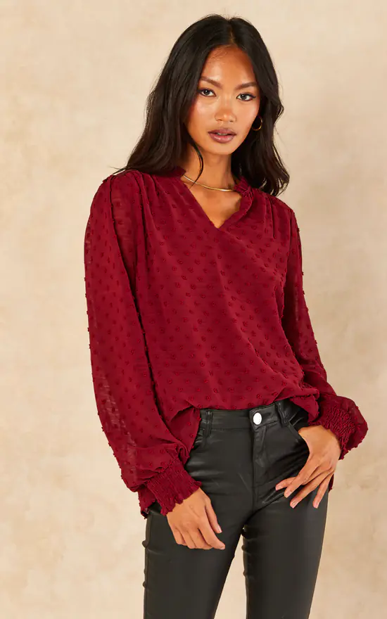 Burgundy Dobby Chiffon Long Sleeve Blouse - Image 2