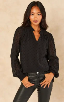 Black Dobby Chiffon Long Sleeve Blouse