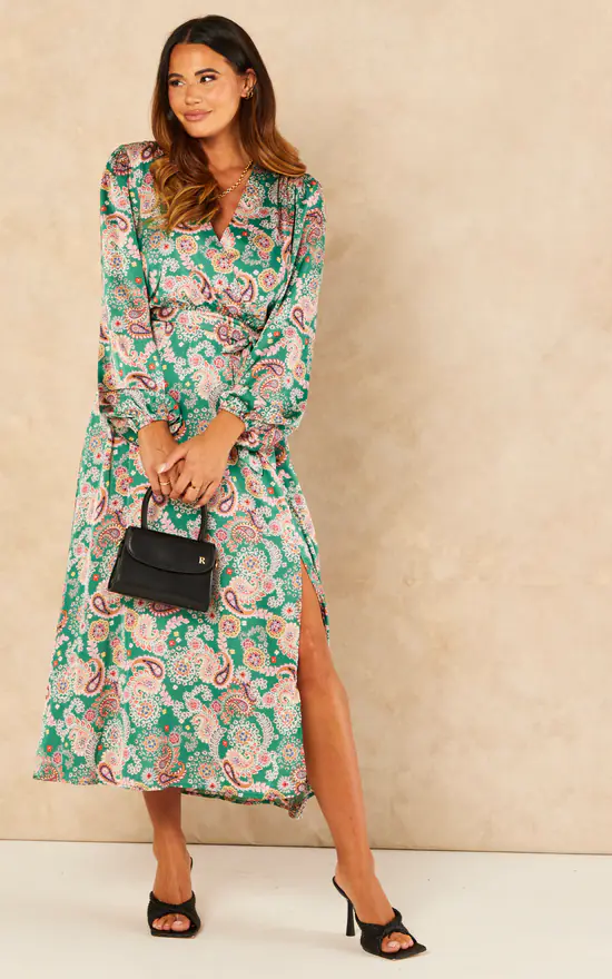 Green Satin Paisley Wrap Belted Midi Dress - Image 2