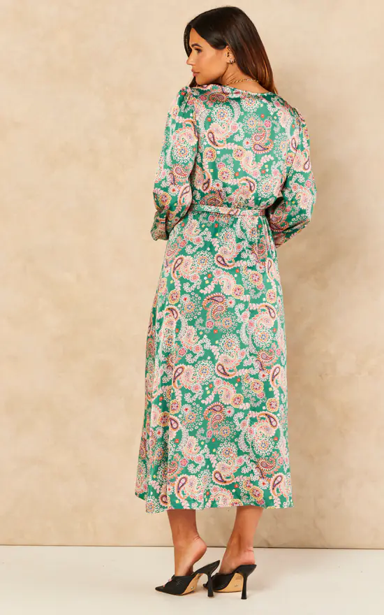 Green Satin Paisley Wrap Belted Midi Dress - Image 4