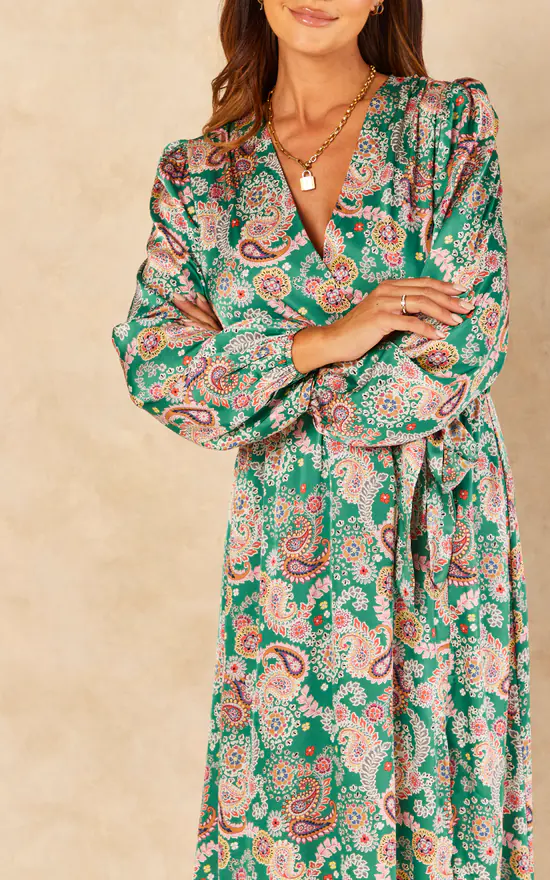Green Satin Paisley Wrap Belted Midi Dress - Image 3