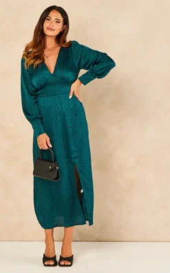 Green Spot V Neck Split Front Midi Dress