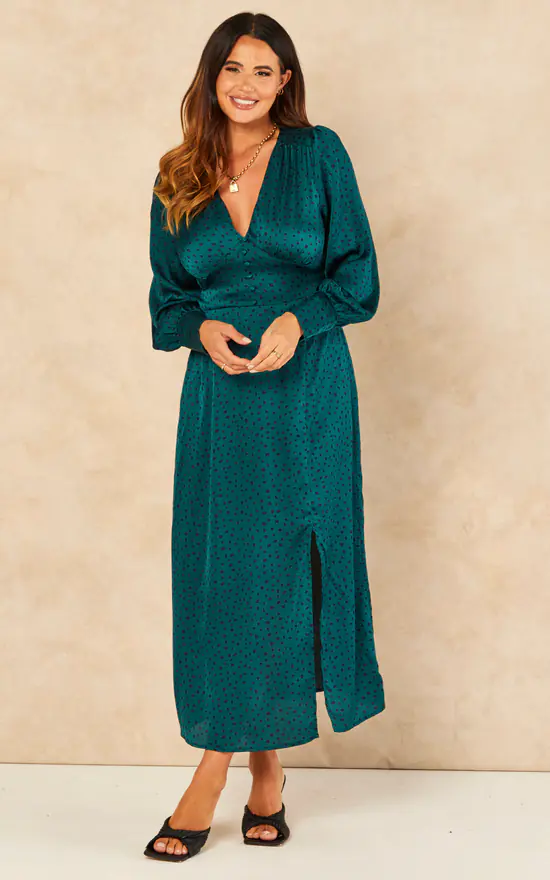 Green Spot V Neck Split Front Midi Dress - Image 2