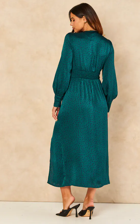 Green Spot V Neck Split Front Midi Dress - Image 4